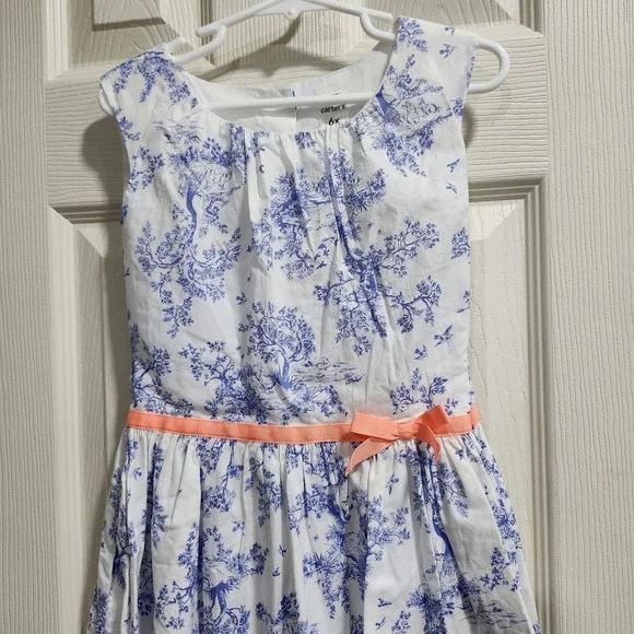 Carter's Girls 6X Blue Toile Print Dress Coral Ribbon Bow Sleeveless Cotton - Picture 2 of 9